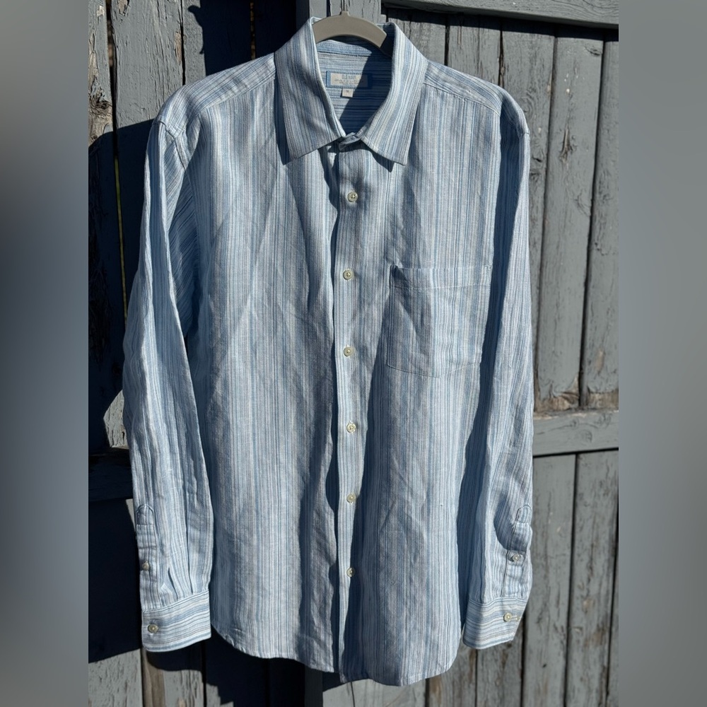 Vintage Old Navy Linen Shirt Men's Medium Button Down Light Blue Striped 2006 - Picture 8 of 8